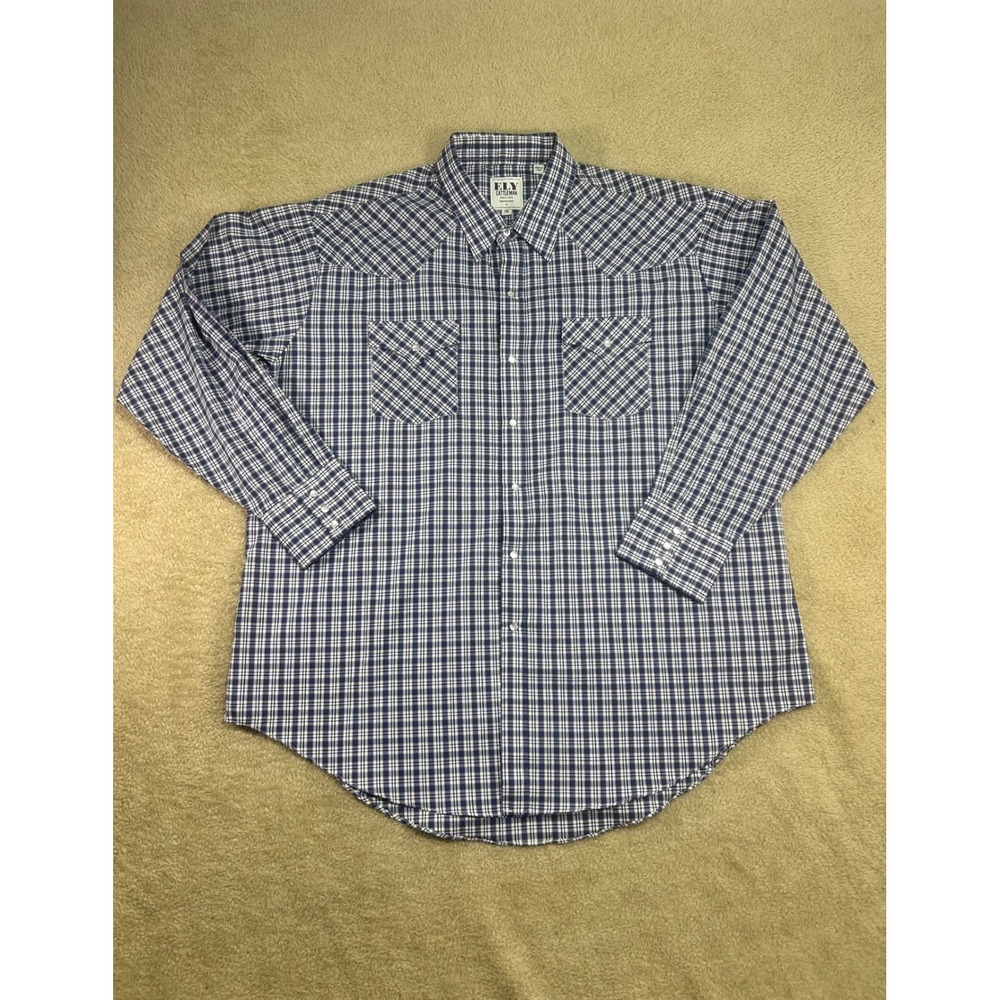 ELY CATTLEMAN Mens XXL Plaid Long Sleeve Western‎ Pearl Snap Shirt Blue White